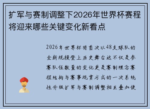 扩军与赛制调整下2026年世界杯赛程将迎来哪些关键变化新看点